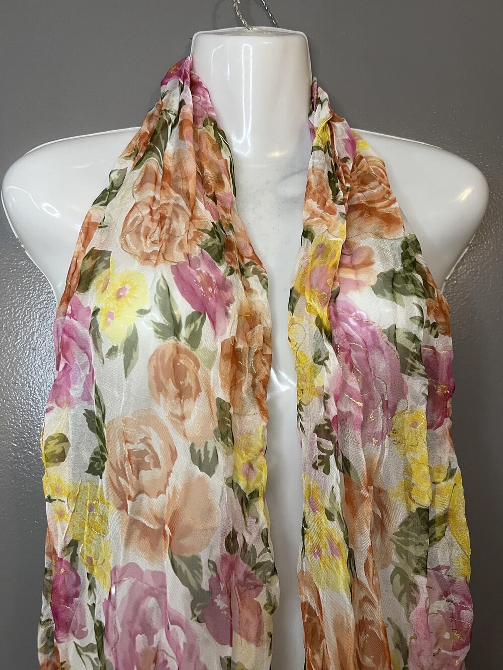 A. Brod Fashion Scarf Womens One Size Floral Sheer Crinkle Gold Metallic